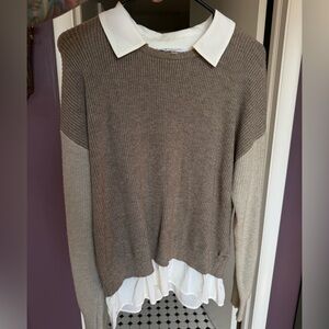 Sioni Taupe Colorblock Sweater with White Collar